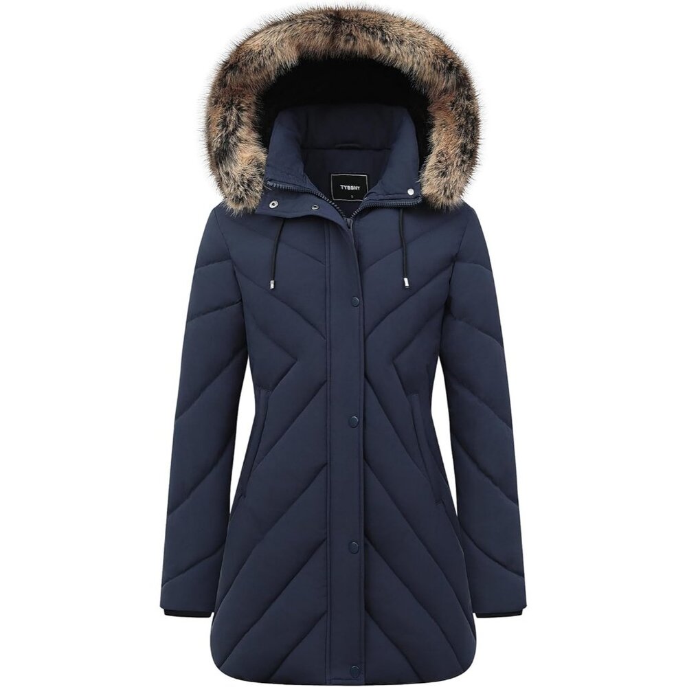 Women's Long Puffer Snow Jacket Coat Dark Navy  Waterproof Winter Warm Thickened